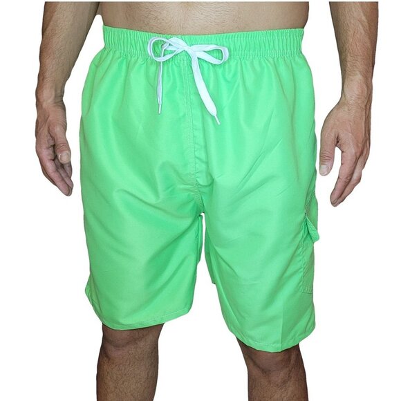 Men Swim Shorts, Swimming Trunks, 3 Pocket Cargo Swimwear, Lime Green - Picture 5 of 7